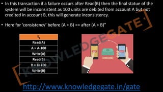 http://www.knowledgegate.in/gate
• In this transaction if a failure occurs after Read(B) then the final statue of the
system will be inconsistent as 100 units are debited from account A but not
credited in account B, this will generate inconsistency.
• Here for ‘consistency’ before (A + B) == after (A + B)”
T1
Read(A)
A = A-100
Write(A)
Read(B)
B = B+100
Write(B)
 