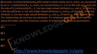 http://www.knowledgegate.in/gate
Q Consider an Entity-Relationship (ER) model in which entity sets E1 and E2 are connected
by an m: n relationship R12, E1 and E3 are connected by a 1: n (1 on the side of E1 and n on
the side of E3) relationship R13. E1 has two single-valued attributes a11 and a12 of which a11
is the key attribute. E2 has two single-valued attributes a21 and a22 of which a21 is the key
attribute. E3 has two single valued attributes a31 and a32 of which a31 is the key attribute.
The relationships do not have any attributes. If a relational model is derived from the
above ER model, then the minimum number of relations that would be generated is
___________.
a) 2
b) 3
c) 4
d) 5
 