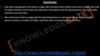 http://www.knowledgegate.in/gate
Conclusion
• Like every paragraph must have a single idea similarly every table must have a single idea and
if a table contains more than one idea then that table must be decomposed until each table
contains only one idea.
• We need some tools to approach this decomposition or normalization on large database
which contains a number of table, and that tool is functional dependencies.
 