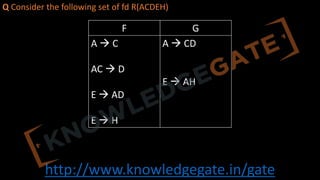 http://www.knowledgegate.in/gate
Q Consider the following set of fd R(ACDEH)
F G
A à C
AC à D
E à AD
E à H
A à CD
E à AH
 