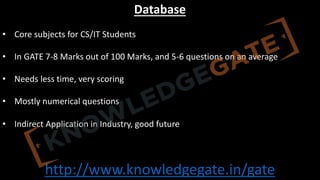 http://www.knowledgegate.in/gate
Database
• Core subjects for CS/IT Students
• In GATE 7-8 Marks out of 100 Marks, and 5-6 questions on an average
• Needs less time, very scoring
• Mostly numerical questions
• Indirect Application in Industry, good future
 