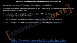 http://www.knowledgegate.in/gate
To find the MINIMAL COVER /CANONICAL COVER/IRREDUCIBLE SET
• Minimal cover- It means to eliminate any kind of redundancy from a FD set.
• A canonical cover of a set of functional dependencies, F is a simplified set of functional dependencies that has
the same closure as the original set F.
• There may be any following type of redundancy in the set of functional dependencies: -
• Complete production may be Redundant.
• One or more than one attributes may be redundant on right hand side of a production.
• One or more than one attributes may be redundant on Left hand side of a production.
 