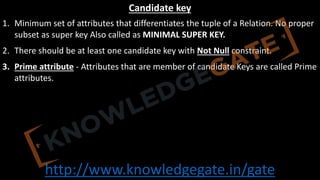 http://www.knowledgegate.in/gate
Candidate key
1. Minimum set of attributes that differentiates the tuple of a Relation. No proper
subset as super key Also called as MINIMAL SUPER KEY.
2. There should be at least one candidate key with Not Null constraint.
3. Prime attribute - Attributes that are member of candidate Keys are called Prime
attributes.
 