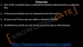 http://www.knowledgegate.in/gate
Primary key
1. One of the candidate keys is selected by database administrator as a Primary
Key.
2. Primary Key attribute are not allowed to have Null values.
3. At most one Primary Key per table is allowed in RDMS.
4. Candidate key which are not chosen as primary key is alternate key.
 