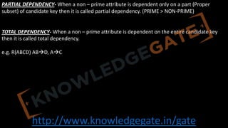http://www.knowledgegate.in/gate
PARTIAL DEPENDENCY- When a non – prime attribute is dependent only on a part (Proper
subset) of candidate key then it is called partial dependency. (PRIME > NON-PRIME)
TOTAL DEPENDENCY- When a non – prime attribute is dependent on the entire candidate key
then it is called total dependency.
e.g. R(ABCD) ABàD, AàC
 