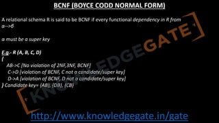 http://www.knowledgegate.in/gate
BCNF (BOYCE CODD NORMAL FORM)
A relational schema R is said to be BCNF if every functional dependency in R from
α-->β
α must be a super key
E.g.- R (A, B, C, D)
{
AB->C [No violation of 2NF,3NF, BCNF]
C->D [violation of BCNF, C not a candidate/super key]
D->A [violation of BCNF, D not a candidate/super key]
} Candidate key= {AB}, {DB}, {CB}
 