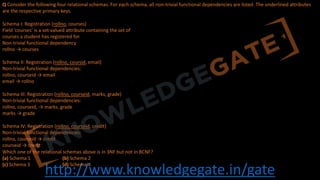 http://www.knowledgegate.in/gate
Q Consider the following four relational schemas. For each schema, all non-trivial functional dependencies are listed. The underlined attributes
are the respective primary keys.
Schema I: Registration (rollno, courses)
Field ‘courses’ is a set-valued attribute containing the set of
courses a student has registered for.
Non-trivial functional dependency
rollno → courses
Schema II: Registration (rollno, coursid, email)
Non-trivial functional dependencies:
rollno, courseid → email
email → rollno
Schema III: Registration (rollno, courseid, marks, grade)
Non-trivial functional dependencies:
rollno, courseid, → marks, grade
marks → grade
Schema IV: Registration (rollno, courseid, credit)
Non-trivial functional dependencies:
rollno, courseid → credit
courseid → credit
Which one of the relational schemas above is in 3NF but not in BCNF?
(a) Schema 1 (b) Schema 2
(c) Schema 3 (d) Schema 4
 