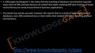 http://www.knowledgegate.in/gate
• A 1992 paper by Margaret S. Wu notes that the teaching of database normalization typically
stops short of 4NF, perhaps because of a belief that tables violating 4NF (but meeting all lower
normal forms) are rarely encountered in business applications.
• This belief may not be accurate, however. Wu reports that in a study of forty organizational
databases, over 20% contained one or more tables that violated 4NF while meeting all lower
normal forms.
 
