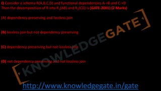 http://www.knowledgegate.in/gate
Q Consider a schema R(A,B,C,D) and functional dependencies A->B and C->D
Then the decomposition of R into R1(AB) and R2(CD) is (GATE-2001) (2 Marks)
(A) dependency preserving and lossless join
(B) lossless join but not dependency preserving
(C) dependency preserving but not lossless join
(D) not dependency preserving and not lossless join
 