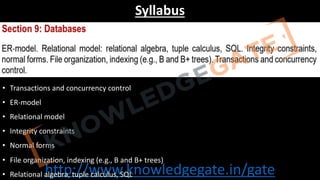 http://www.knowledgegate.in/gate
Syllabus
• Transactions and concurrency control
• ER-model
• Relational model
• Integrity constraints
• Normal forms
• File organization, indexing (e.g., B and B+ trees)
• Relational algebra, tuple calculus, SQL
 