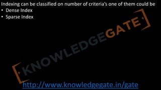 http://www.knowledgegate.in/gate
Indexing can be classified on number of criteria’s one of them could be
• Dense Index
• Sparse Index
 