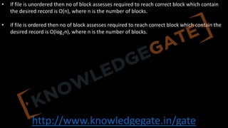 http://www.knowledgegate.in/gate
• If file is unordered then no of block assesses required to reach correct block which contain
the desired record is O(n), where n is the number of blocks.
• if file is ordered then no of block assesses required to reach correct block which contain the
desired record is O(log2n), where n is the number of blocks.
 