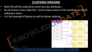 http://www.knowledgegate.in/gate
CLUSTERED INDEXING
• Main file will be ordered on some non-key attributes
• No of entries in the index file = no of unique values of the attribute on which
indexing is done.
• It is the example of Sparse as well as dense indexing
 