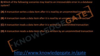 http://www.knowledgegate.in/gate
Q Which of the following scenarios may lead to an irrecoverable error in a database
system?
(A) A transaction writes a data item after it is read by an uncommitted transaction
(B) A transaction reads a data item after it is read by an uncommitted transaction
(C) A transaction reads a data item after it is written by a committed transaction
(D) A transaction reads a data item after it is written by an uncommitted transaction
 