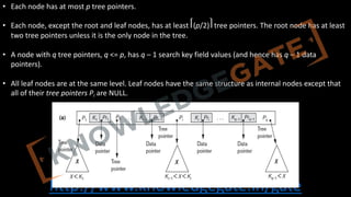 http://www.knowledgegate.in/gate
• Each node has at most p tree pointers.
• Each node, except the root and leaf nodes, has at least ⎡(p/2)⎤ tree pointers. The root node has at least
two tree pointers unless it is the only node in the tree.
• A node with q tree pointers, q <= p, has q – 1 search key field values (and hence has q – 1 data
pointers).
• All leaf nodes are at the same level. Leaf nodes have the same structure as internal nodes except that
all of their tree pointers Pi are NULL.
 