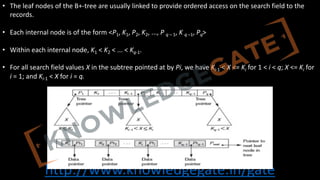 http://www.knowledgegate.in/gate
• The leaf nodes of the B+-tree are usually linked to provide ordered access on the search field to the
records.
• Each internal node is of the form <P1, K1, P2, K2, ..., P q – 1, K q –1, Pq>
• Within each internal node, K1 < K2 < ... < Kq-1.
• For all search field values X in the subtree pointed at by Pi, we have Ki-1 < X <= Ki for 1 < i < q; X <= Ki for
i = 1; and Ki-1 < X for i = q.
 
