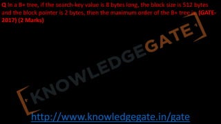 http://www.knowledgegate.in/gate
Q In a B+ tree, if the search-key value is 8 bytes long, the block size is 512 bytes
and the block pointer is 2 bytes, then the maximum order of the B+ tree is. (GATE-
2017) (2 Marks)
 