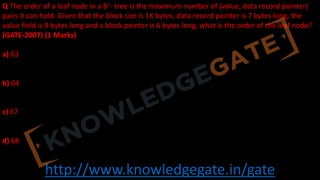 http://www.knowledgegate.in/gate
Q The order of a leaf node in a B+- tree is the maximum number of (value, data record pointer)
pairs it can hold. Given that the block size is 1K bytes, data record pointer is 7 bytes long, the
value field is 9 bytes long and a block pointer is 6 bytes long, what is the order of the leaf node?
(GATE-2007) (1 Marks)
a) 63
b) 64
c) 67
d) 68
 