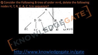 http://www.knowledgegate.in/gate
Q Consider the Following B-tree of order m=6, delete the following
nodes H, T, R, E, A, C, S in sequence?
 