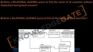 http://www.knowledgegate.in/gate
Q Write a RELATIONAL ALGEBRA query to find the name of all customer without
duplication having bank account?
Q Write a RELATIONAL ALGEBRA query to find all the details of bank branches?
 
