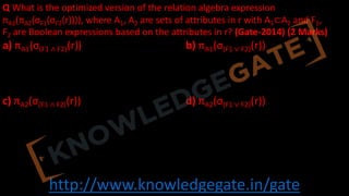http://www.knowledgegate.in/gate
Q What is the optimized version of the relation algebra expression
πA1(πA2(σF1(σF2(r)))), where A1, A2 are sets of attributes in r with A1⊂A2 and F1,
F2 are Boolean expressions based on the attributes in r? (Gate-2014) (2 Marks)
a) πA1(σ(F1 ∧ F2)(r)) b) πA1(σ(F1 ∨ F2)(r))
c) πA2(σ(F1 ∧ F2)(r)) d) πA2(σ(F1 ∨ F2)(r))
 