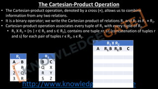 http://www.knowledgegate.in/gate
The Cartesian-Product Operation
• The Cartesian-product operation, denoted by a cross (×), allows us to combine
information from any two relations.
• It is a binary operator; we write the Cartesian product of relations R1 and R2 as R1 × R2.
• Cartesian-product operation associates every tuple of R1 with every tuple of R2.
• R1 Χ R2 = {rs | r ∈ R1 and s ∈ R2}, contains one tuple <r, s> (concatenation of tuples r
and s) for each pair of tuples r ϵ R1, s ϵ R2.
R1
A B
1 P
2 Q
3 R
R2
B C
Q X
R Y
S Z
R1 X R2
A R1.B R2.B C
 