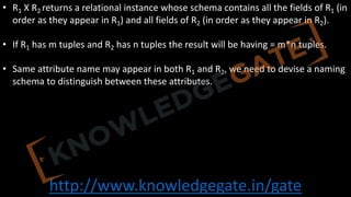 http://www.knowledgegate.in/gate
• R1 Χ R2 returns a relational instance whose schema contains all the fields of R1 (in
order as they appear in R1) and all fields of R2 (in order as they appear in R2).
• If R1 has m tuples and R2 has n tuples the result will be having = m*n tuples.
• Same attribute name may appear in both R1 and R2, we need to devise a naming
schema to distinguish between these attributes.
 