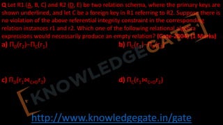 http://www.knowledgegate.in/gate
Q Let R1 (A, B, C) and R2 (D, E) be two relation schema, where the primary keys are
shown underlined, and let C be a foreign key in R1 referring to R2. Suppose there is
no violation of the above referential integrity constraint in the corresponding
relation instances r1 and r2. Which one of the following relational algebra
expressions would necessarily produce an empty relation? (Gate-2004) (1 Marks)
a) ΠD(r2)−ΠC(r1) b) ΠC(r1)−ΠD(r2)
c) ΠD(r1⋈C≠Dr2) d) ΠC(r1⋈C=Dr2)
 