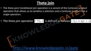 http://www.knowledgegate.in/gate
Theta join
• The theta join/ Conditional join operation is a variant of the Cartesian product
operation that allows us to combine a selection and a Cartesian product into a
single operation.
• The theta join operation is defined as follows:
 