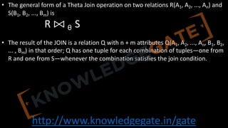 http://www.knowledgegate.in/gate
• The general form of a Theta Join operation on two relations R(A1, A2, ..., An) and
S(B1, B2, ..., Bm) is
R ⨝ θ S
• The result of the JOIN is a relation Q with n + m attributes Q(A1, A2, ..., An, B1, B2,
... , Bm) in that order; Q has one tuple for each combination of tuples—one from
R and one from S—whenever the combination satisfies the join condition.
 