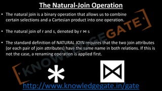 http://www.knowledgegate.in/gate
The Natural-Join Operation
• The natural join is a binary operation that allows us to combine
certain selections and a Cartesian product into one operation.
• The natural join of r and s, denoted by r ⋈ s
• The standard definition of NATURAL JOIN requires that the two join attributes
(or each pair of join attributes) have the same name in both relations. If this is
not the case, a renaming operation is applied first.
 