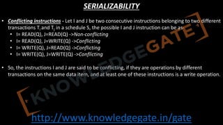 http://www.knowledgegate.in/gate
SERIALIZABILITY
• Conflicting instructions - Let I and J be two consecutive instructions belonging to two different
transactions Ti and Tj in a schedule S, the possible I and J instruction can be as-
• I= READ(Q), J=READ(Q) ->Non-conflicting
• I= READ(Q), J=WRITE(Q) ->Conflicting
• I= WRITE(Q), J=READ(Q) ->Conflicting
• I= WRITE(Q), J=WRITE(Q) ->Conflicting
• So, the instructions I and J are said to be conflicting, if they are operations by different
transactions on the same data item, and at least one of these instructions is a write operation.
 