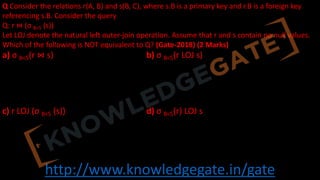 http://www.knowledgegate.in/gate
Q Consider the relations r(A, B) and s(B, C), where s.B is a primary key and r.B is a foreign key
referencing s.B. Consider the query
Q: r ⋈ (σ B<5 (s))
Let LOJ denote the natural left outer-join operation. Assume that r and s contain no null values.
Which of the following is NOT equivalent to Q? (Gate-2018) (2 Marks)
a) σ B<5(r ⋈ s) b) σ B<5(r LOJ s)
c) r LOJ (σ B<5 (s)) d) σ B<5(r) LOJ s
 