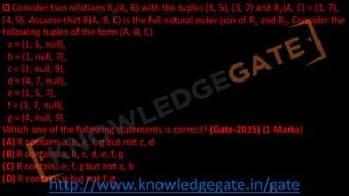 http://www.knowledgegate.in/gate
Q Consider two relations R1(A, B) with the tuples (1, 5), (3, 7) and R2(A, C) = (1, 7),
(4, 9). Assume that R(A, B, C) is the full natural outer join of R1 and R2. Consider the
following tuples of the form (A, B, C)
a = (1, 5, null),
b = (1, null, 7),
c = (3, null, 9),
d = (4, 7, null),
e = (1, 5, 7),
f = (3, 7, null),
g = (4, null, 9).
Which one of the following statements is correct? (Gate-2015) (1 Marks)
(A) R contains a, b, e, f, g but not c, d
(B) R contains a, b, c, d, e, f, g
(C) R contains e, f, g but not a, b
(D) R contains e but not f, g
 