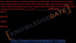 http://www.knowledgegate.in/gate
Q A relation r(A,B) in a relational database has 1200 tuples. The attribute A has integer
values ranging from 6 to 20, and the attribute B has integer values ranging from 1 to 20.
Assume that the attributes A and B are independently distributed. The estimated number
of tuples in the output of σ(A>10)∨(B=18)(r) is ____________. (GATE 2021)
(a) 820
(b) 1200
(c) 960
(d) 1000
 