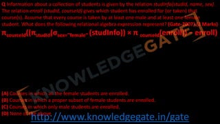 http://www.knowledgegate.in/gate
Q Information about a collection of students is given by the relation studInfo(studId, name, sex).
The relation enroll (studId, courseId) gives which student has enrolled for (or taken) that
course(s). Assume that every course is taken by at least one male and at least one female
student. What does the following relational algebra expression represent? (Gate-2007) (2 Marks)
πcourceId((πstudId(σsex="female“ (studInfo)) × π courseId(enroll)) − enroll)
(A) Courses in which all the female students are enrolled.
(B) Courses in which a proper subset of female students are enrolled.
(C) Courses in which only male students are enrolled.
(D) None of the above
 