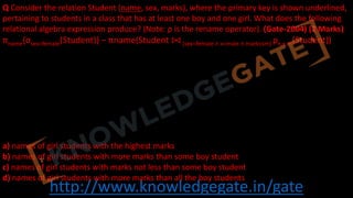 http://www.knowledgegate.in/gate
Q Consider the relation Student (name, sex, marks), where the primary key is shown underlined,
pertaining to students in a class that has at least one boy and one girl. What does the following
relational algebra expression produce? (Note: ρ is the rename operator). (Gate-2004) (2 Marks)
πname{σsex=female(Student)} − πname(Student ⨝ (sex=female ∧ x=male ∧ marks≤m) ρn,x,m(Student))
a) names of girl students with the highest marks
b) names of girl students with more marks than some boy student
c) names of girl students with marks not less than some boy student
d) names of girl students with more marks than all the boy students
 