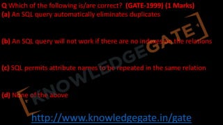 http://www.knowledgegate.in/gate
Q Which of the following is/are correct? (GATE-1999) (1 Marks)
(a) An SQL query automatically eliminates duplicates
(b) An SQL query will not work if there are no indexes on the relations
(c) SQL permits attribute names to be repeated in the same relation
(d) None of the above
 