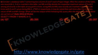 http://www.knowledgegate.in/gate
Q Consider a database table T containing two columns X and Y each of type integer. After the creation of the table,
one record (X=1, Y=1) is inserted in the table. Let MX and My denote the respective maximum values of X and Y
among all records in the table at any point in time. Using MX and MY, new records are inserted in the table 128
times with X and Y values being MX+1, 2*MY+1 respectively. It may be noted that each time after the insertion,
values of MX and MY change. What will be the output of the following SQL query after the steps mentioned above
are carried out? (Gate-2011) (2 Marks)
SELECT Y FROM T WHERE X=7;
(A) 127 (B) 255 (C) 129 (D) 257
 