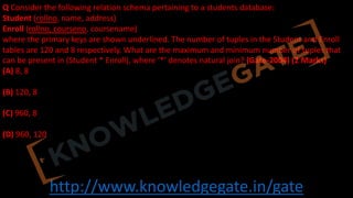 http://www.knowledgegate.in/gate
Q Consider the following relation schema pertaining to a students database:
Student (rollno, name, address)
Enroll (rollno, courseno, coursename)
where the primary keys are shown underlined. The number of tuples in the Student and Enroll
tables are 120 and 8 respectively. What are the maximum and minimum number of tuples that
can be present in (Student * Enroll), where ‘*’ denotes natural join? (Gate-2004) (2 Marks)
(A) 8, 8
(B) 120, 8
(C) 960, 8
(D) 960, 120
 