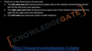 http://www.knowledgegate.in/gate
• There are in fact three forms of outer join:
1. The left outer join (left join) preserves tuples only in the relation named before (to the
left of) the left outer join operation.
2. The right outer join (right join) preserves tuples only in the relation named after (to the
right of) the right outer join operation.
3. The full outer join preserves tuples in both relations.
 