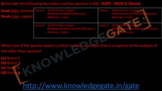http://www.knowledgegate.in/gate
Q Consider the following two tables and four queries in SQL. (GATE - 2018) (1 Marks)
Book (isbn, bname)
Stock (isbn, copies)
Which one of the queries above is certain to have an output that is a superset of the outputs of
the other three queries?
(a) Query 1
(b) Query 2
(c) Query 3
(d) Query 4
Query 1: SELECT B.isbn, S.copies
FROM Book B INNER JOIN Stock S
ON B.isbn = S.isbn;
Query 2: SELECT B.isbn, S.copies
FROM Book B LEFT OUTER JOIN Stock S
ON B.isbn = S.isbn;
Query 3: SELECT B.isbn, S.copies
FROM Book B RIGHT OUTER JOIN Stock S
ON B.isbn = S.isbn;
Query 4: SELECT B.isbn, S.copies
FROM Book B FULL OUTER JOIN Stock S
ON B.isbn = S.isbn;
 