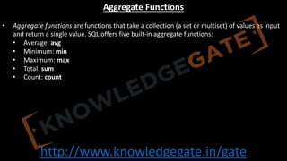 http://www.knowledgegate.in/gate
Aggregate Functions
• Aggregate functions are functions that take a collection (a set or multiset) of values as input
and return a single value. SQL offers five built-in aggregate functions:
• Average: avg
• Minimum: min
• Maximum: max
• Total: sum
• Count: count
 