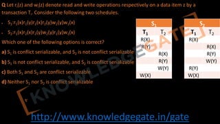 http://www.knowledgegate.in/gate
Q Let ri(z) and wi(z) denote read and write operations respectively on a data item z by a
transaction Ti. Consider the following two schedules.
• S1:r1(x)r1(y)r2(x)r2(y)w2(y)w1(x)
• S2:r1(x)r2(x)r2(y)w2(y)r1(y)w1(x)
Which one of the following options is correct?
a) S1 is conflict serializable, and S2 is not conflict serializable
b) S1 is not conflict serializable, and S2 is conflict serializable
c) Both S1 and S2 are conflict serializable
d) Neither S1 nor S2 is conflict serializable
S1
T1 T2
R(X)
R(Y)
R(X)
R(Y)
W(Y)
W(X)
S2
T1 T2
R(X)
R(X)
R(Y)
W(Y)
R(Y)
W(X)
 