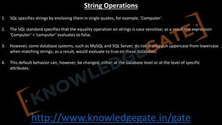 http://www.knowledgegate.in/gate
String Operations
1. SQL specifies strings by enclosing them in single quotes, for example, ’Computer’.
2. The SQL standard specifies that the equality operation on strings is case sensitive; as a result the expression
‘Computer’ = ’computer’ evaluates to false.
3. However, some database systems, such as MySQL and SQL Server, do not distinguish uppercase from lowercase
when matching strings; as a result, would evaluate to true on these databases.
4. This default behavior can, however, be changed, either at the database level or at the level of specific
attributes.
 