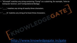 http://www.knowledgegate.in/gate
• ’%Comp%’ matches any string containing “Comp” as a substring, for example, ’Intro to
Computer Science’, and ’Computational Biology’.
• ’_ _ _’ matches any string of exactly three characters.
• ’_ _ _%’ matches any string of at least three characters.
 