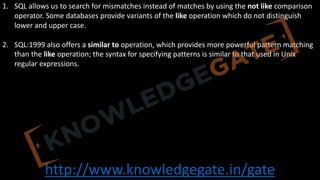 http://www.knowledgegate.in/gate
1. SQL allows us to search for mismatches instead of matches by using the not like comparison
operator. Some databases provide variants of the like operation which do not distinguish
lower and upper case.
2. SQL:1999 also offers a similar to operation, which provides more powerful pattern matching
than the like operation; the syntax for specifying patterns is similar to that used in Unix
regular expressions.
 