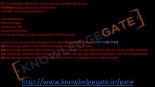 http://www.knowledgegate.in/gate
Q The employee information in a company is stored in the relation
Employee (name, sex, salary, deptName)
Consider the following SQL query
select deptName
from Employee
where sex = 'M'
group by deptName
having avg (salary) > (select avg (salary) from Employee)
It returns the names of the department in which (Gate-2004) (2 Marks) (NET-JUNE-2013)
(A) the average salary is more than the average salary in the company
(B) the average salary of male employees is more than the average salary of all male employees in the company
(C) the average salary of male employees is more than the average salary of employees in the same department
(D) the average salary of male employees is more than the average salary in the company
 