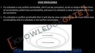 http://www.knowledgegate.in/gate
VIEW SERIALIZABLE
• If a schedule is not conflict serializable, still it can be consistent, so let us study a weaker form
of serializability called View serializability, and even if a schedule is view serializable still it can
be consistent.
• If a schedule is conflict serializable then it will also be view serializable, so we must check view
serializability only if a schedule is not conflict serializable.
 