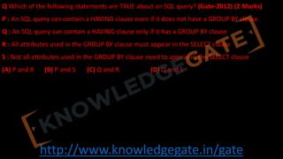 http://www.knowledgegate.in/gate
Q Which of the following statements are TRUE about an SQL query? (Gate-2012) (2 Marks)
P : An SQL query can contain a HAVING clause even if it does not have a GROUP BY clause
Q : An SQL query can contain a HAVING clause only if it has a GROUP BY clause
R : All attributes used in the GROUP BY clause must appear in the SELECT clause
S : Not all attributes used in the GROUP BY clause need to appear in the SELECT clause
(A) P and R (B) P and S (C) Q and R (D) Q and S
 